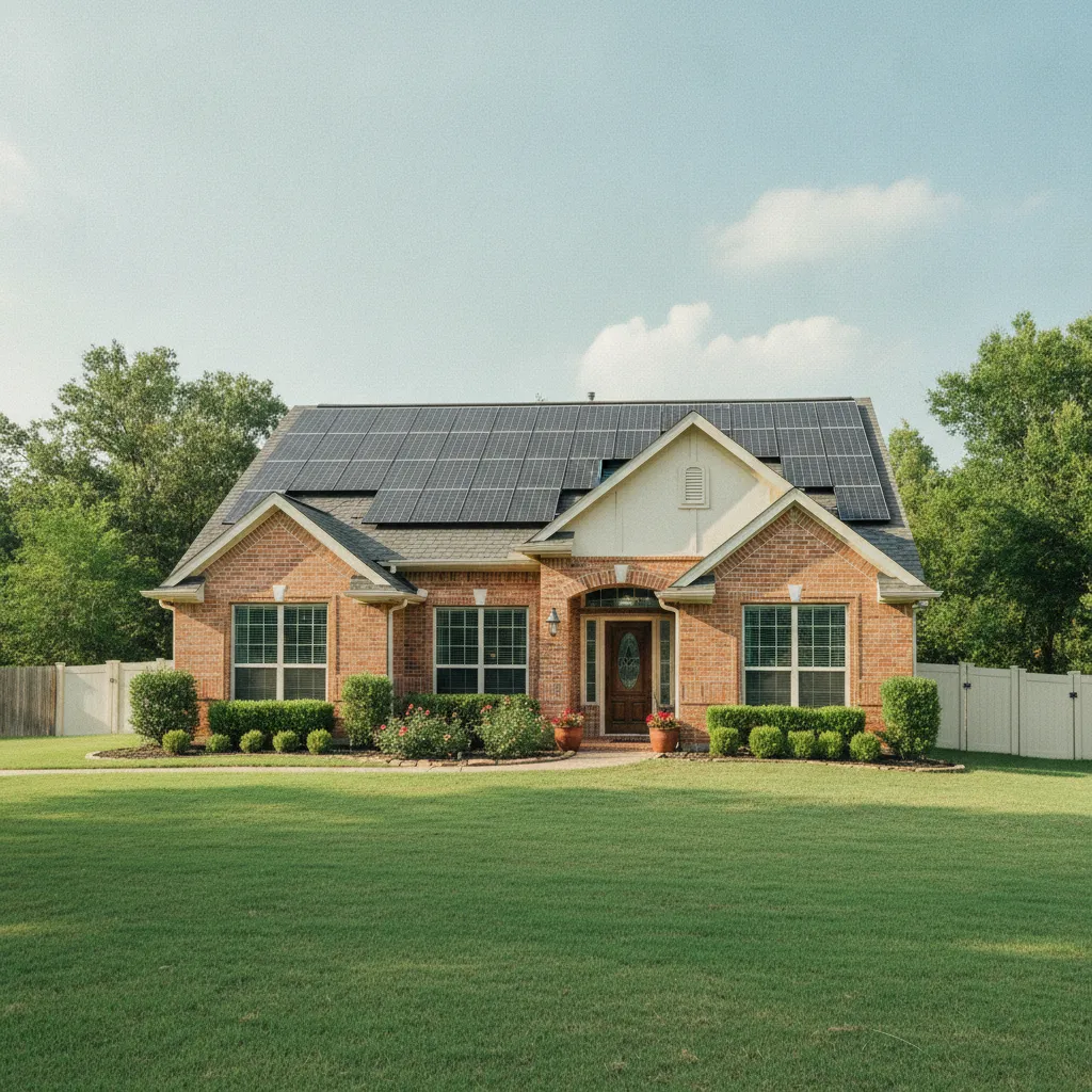 A Texas brick home with rooftop solar panels that recharge a home battery