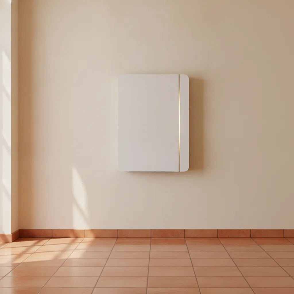 A wall-mounted home battery unit installed on a garage wall