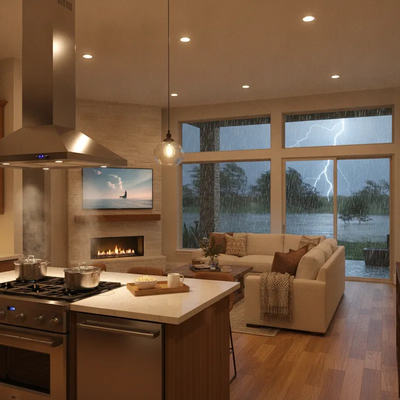 A warmly lit family kitchen and living room during a thunderstorm — everything indoors running while rain and lightning hit the windows